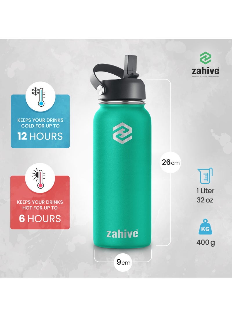 Stainless Steel Insulated Water Bottle with Straw with 3 Lids and Bag 1000 ml, Double Wall Thermos for Hot and Cold Water for Gym and Work, Wide Mouth, Leak Proof, 1 Liter, Sea Green