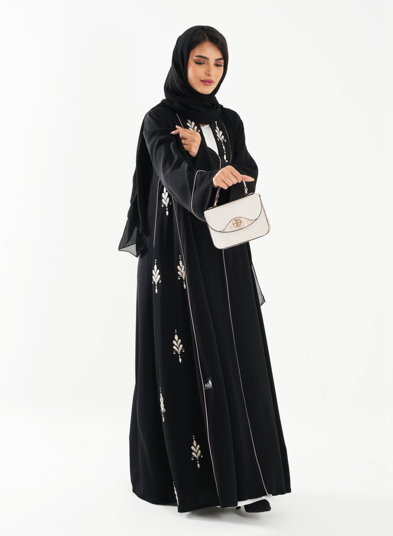 Black Abaya with French Cut and Embroidery Design