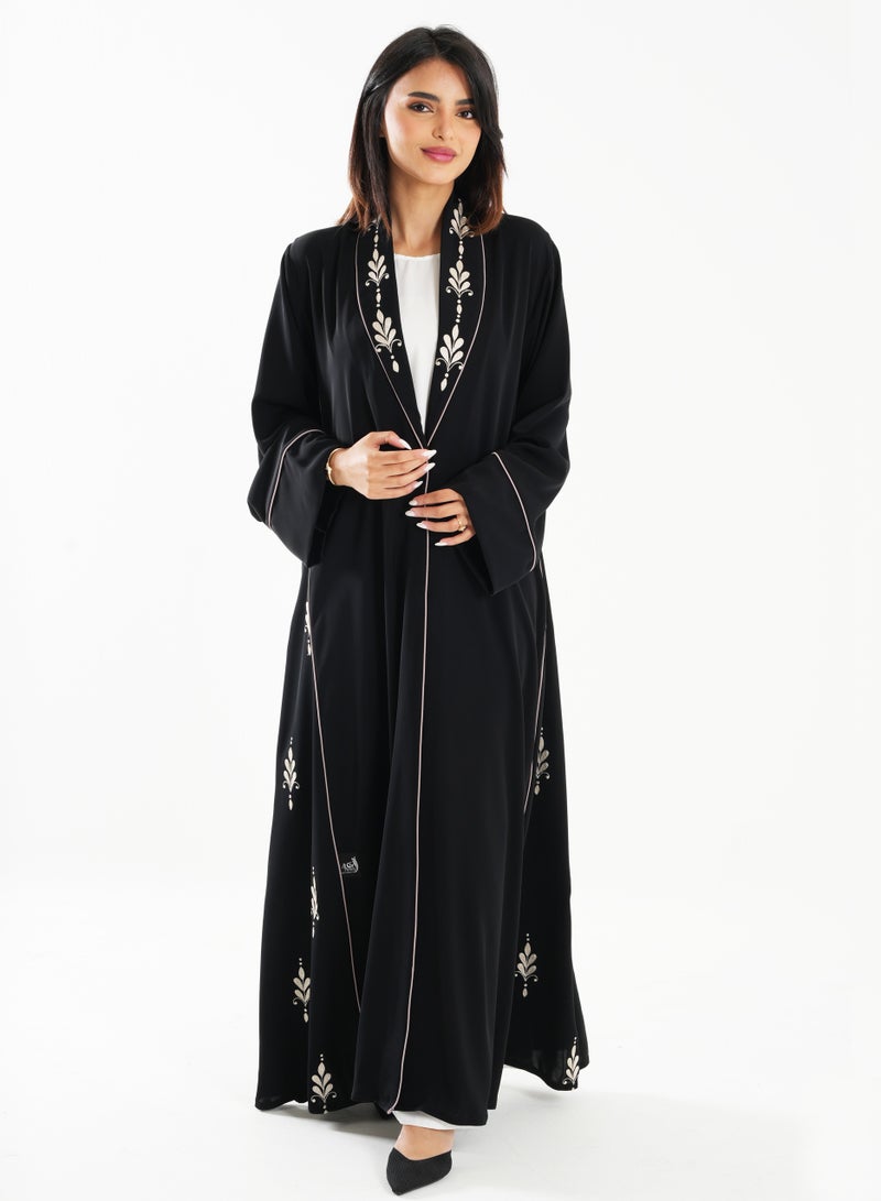 Black Abaya with French Cut and Embroidery Design