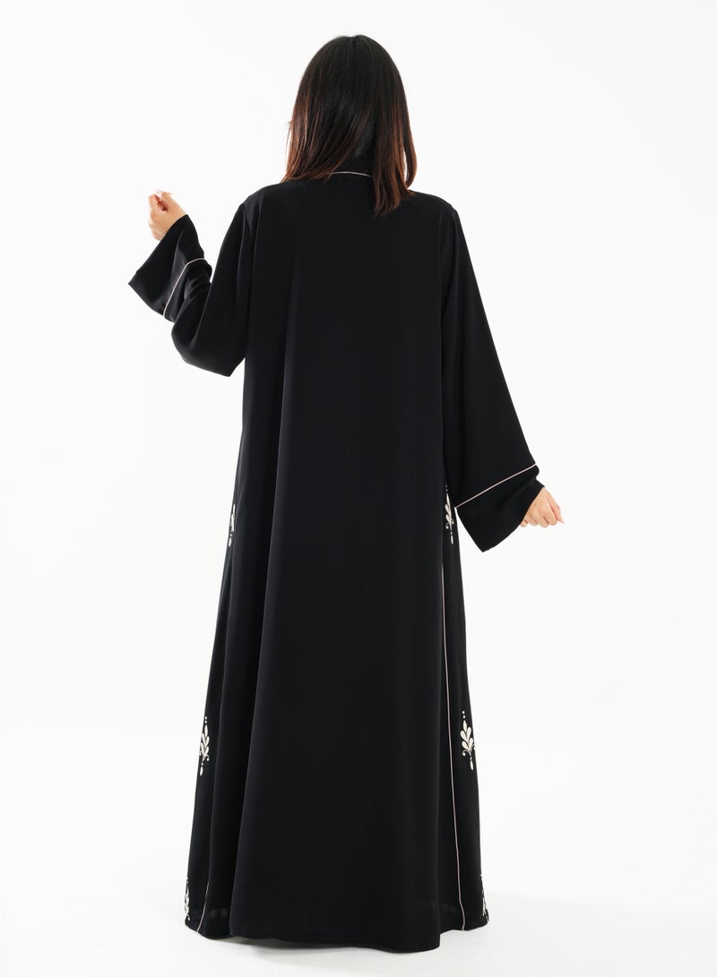 Black Abaya with French Cut and Embroidery Design