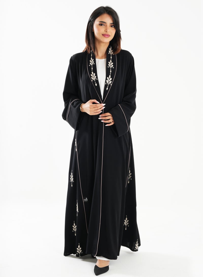 Black Abaya with French Cut and Embroidery Design