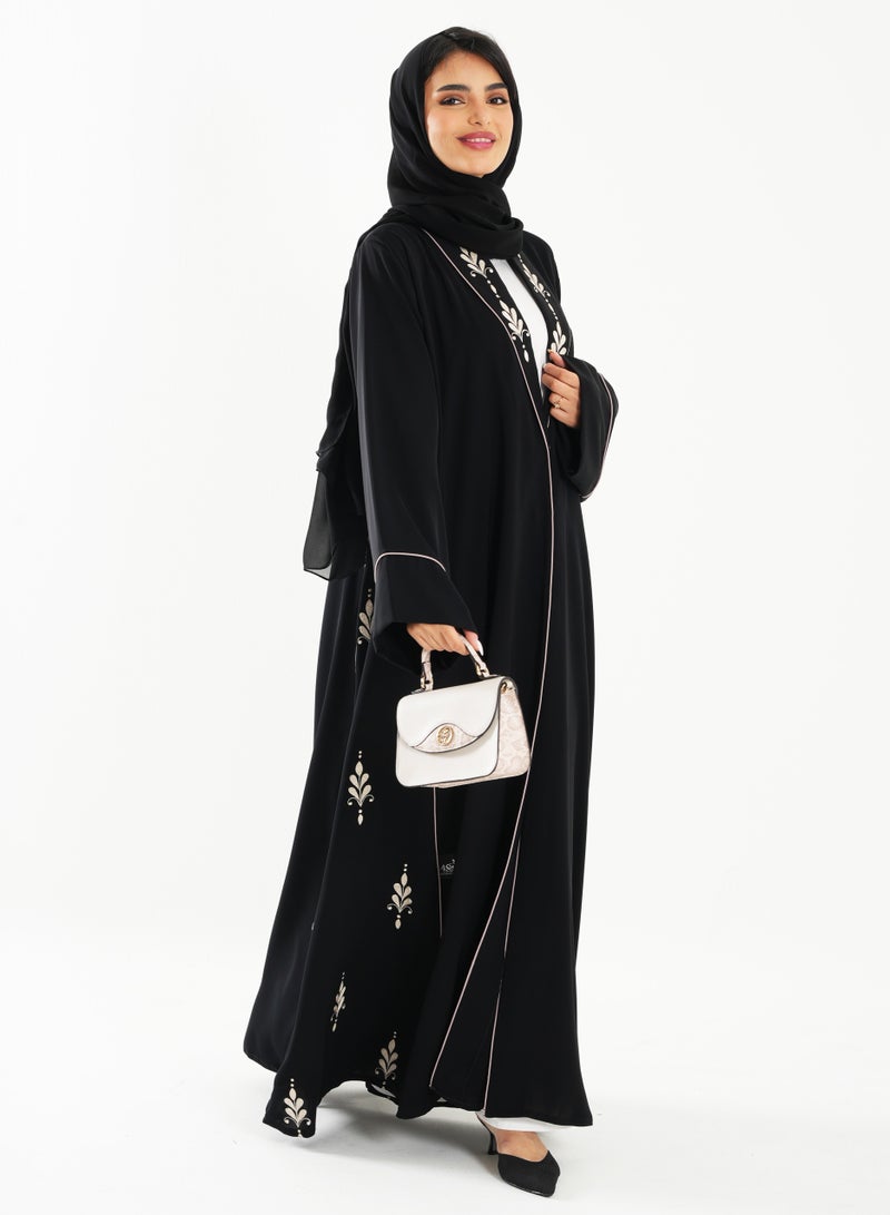 Black Abaya with French Cut and Embroidery Design