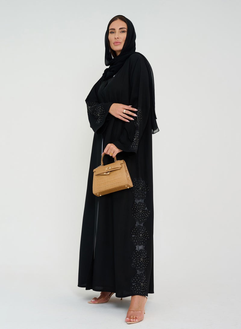 Black Open abaya with Dantel Design Embroidery