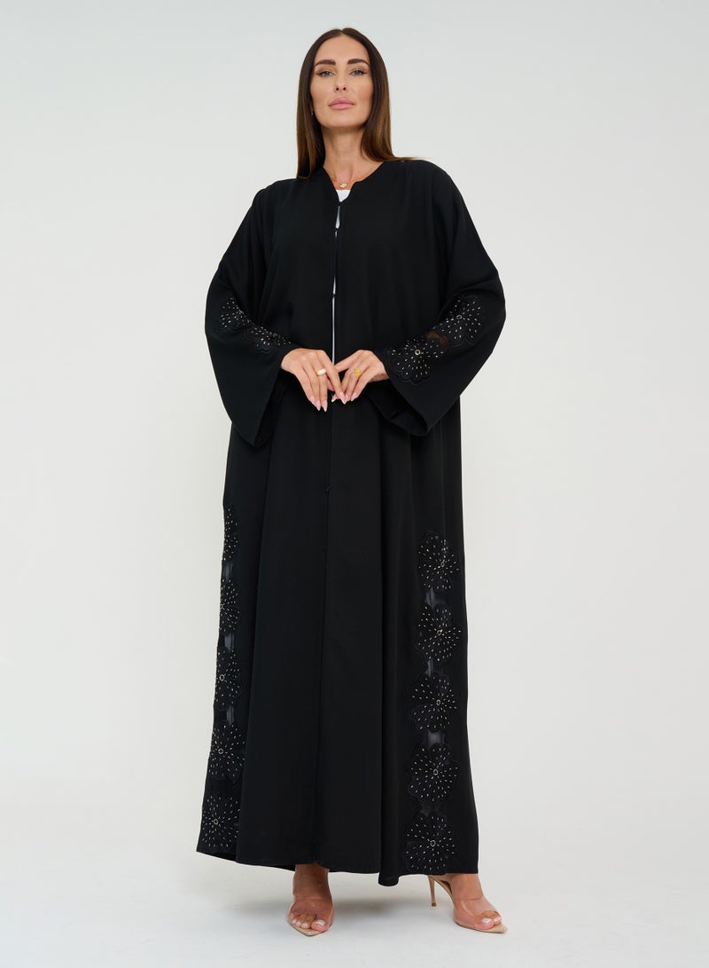 Black Open abaya with Dantel Design Embroidery