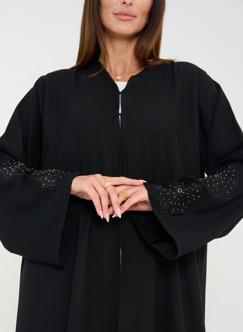 Black Open abaya with Dantel Design Embroidery