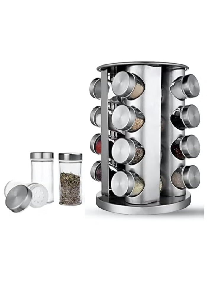 16-Jar Rotating Spice Carousel – 430 Stainless Steel Seasoning Bottle Set with Rotating Rack for Easy Access