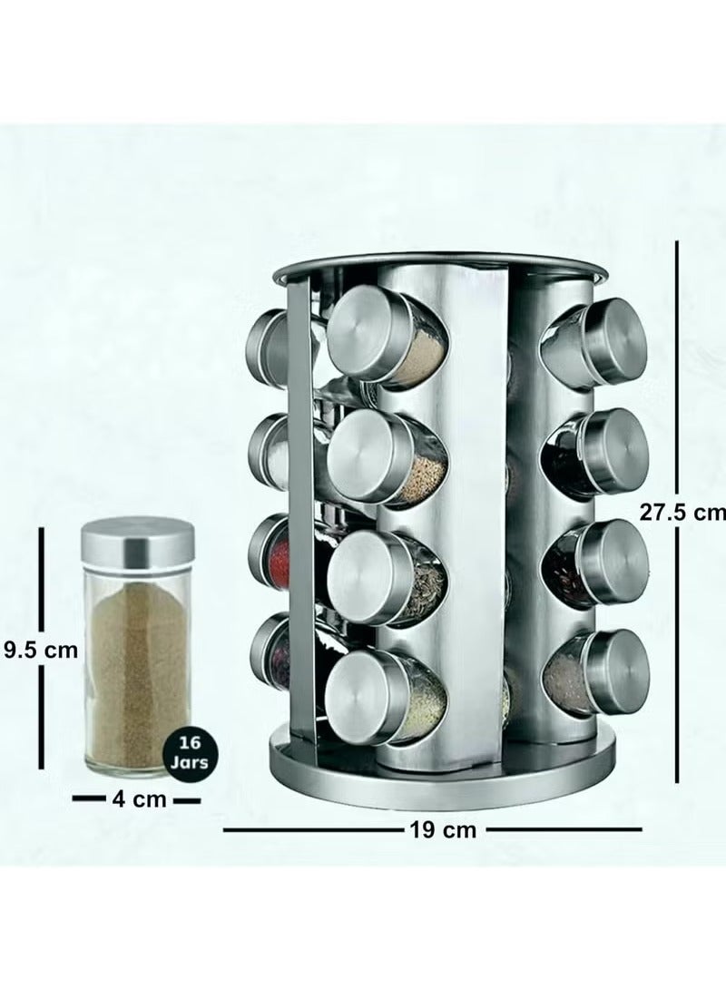 16-Jar Rotating Spice Carousel – 430 Stainless Steel Seasoning Bottle Set with Rotating Rack for Easy Access