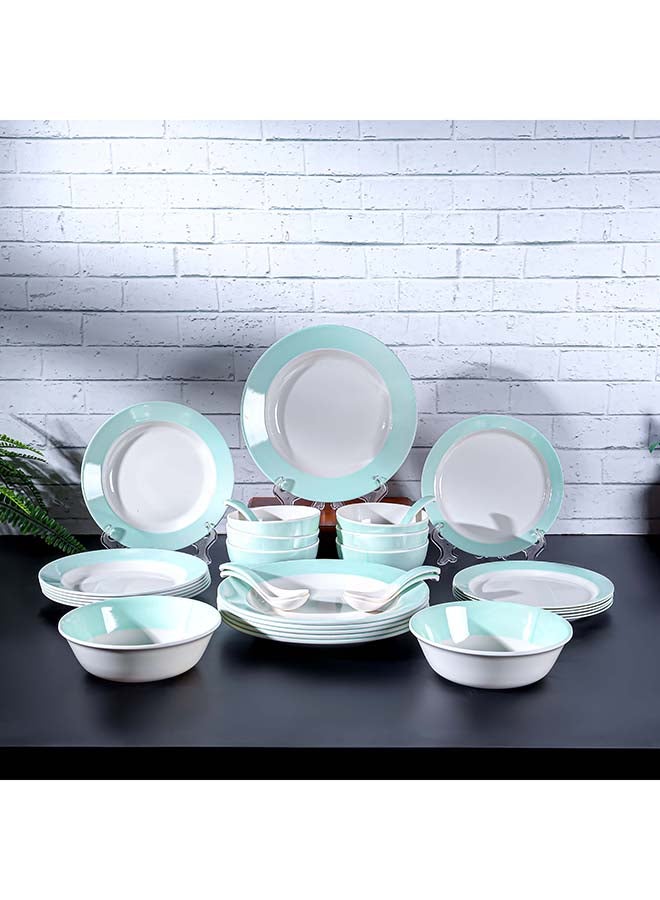 Royalford 32pcs Melamineware Dinner Set RF12511 Includes Deep and Side Plates, Serving and Rice Bowls and Soup Spoons Dishwasher-Safe and Freezer-Friendly Food-Grade Multicolor 3kg