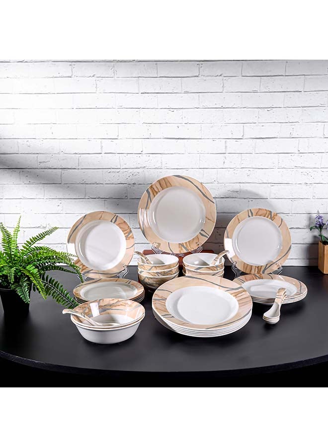 Royalford 32pcs Melamineware Dinner Set RF12510 Includes Deep and Side Plates, Serving and Rice Bowls and Soup Spoons Dishwasher-Safe and Freezer-Friendly Food-Grade Multicolor 3kg