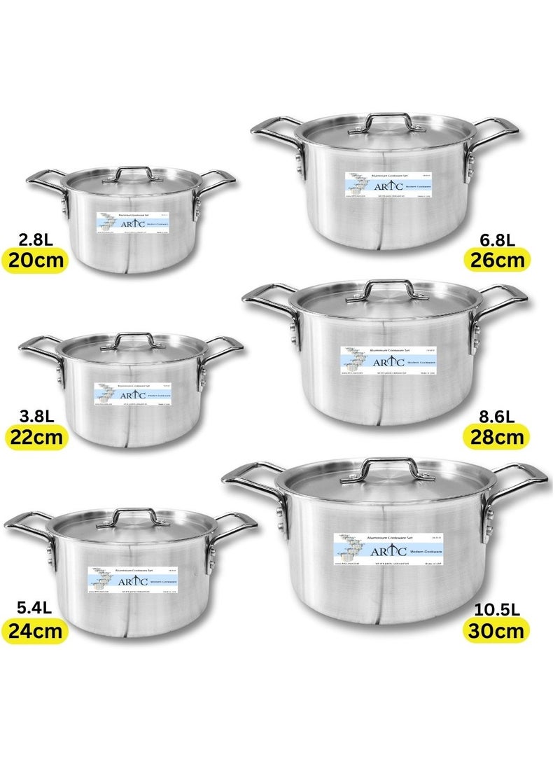 ARTC 12 Pieces Premium Quality Pure Aluminum Cooking Pot Set With Handles, Durable And Long Lasting Thick Gauge Cookware Set Silver 20cm-30cm