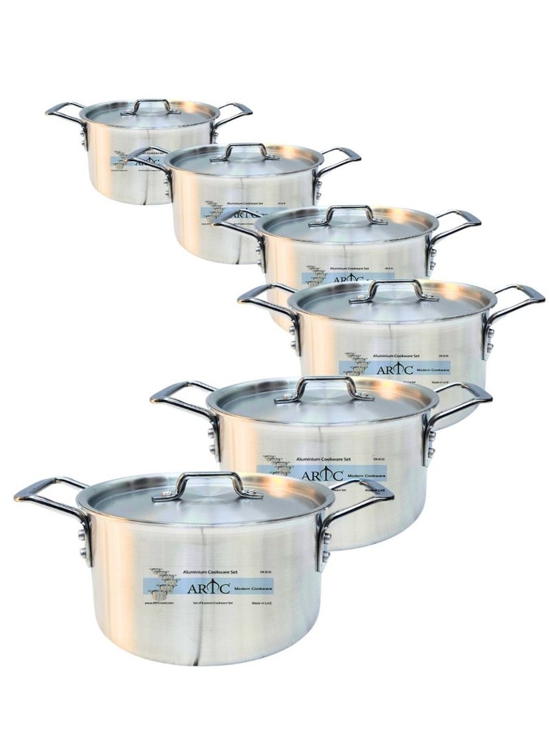 ARTC 12 Pieces Premium Quality Pure Aluminum Cooking Pot Set With Handles, Durable And Long Lasting Thick Gauge Cookware Set Silver 20cm-30cm