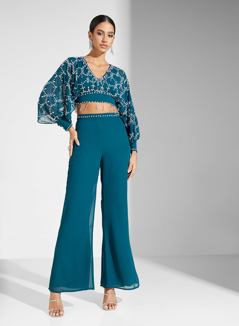 Embellished Puff Sleeve Crop Top And Trouser Set