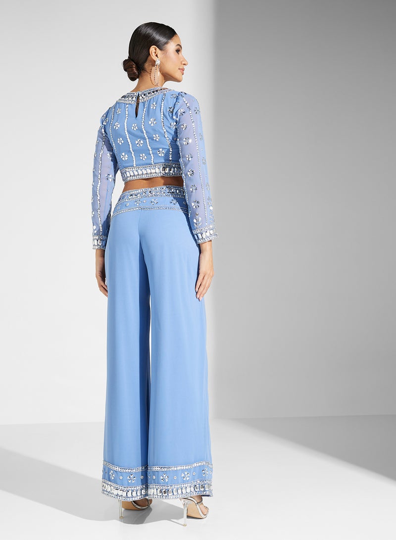 Embellished Crop Top And Trouser Set