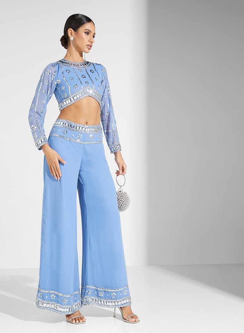 Embellished Crop Top And Trouser Set