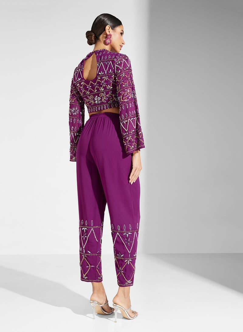 Embellished Top And High Waist Trouser Set