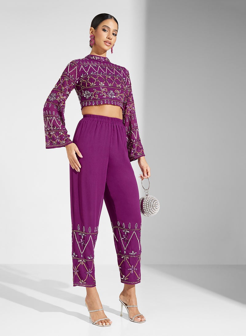 Embellished Top And High Waist Trouser Set