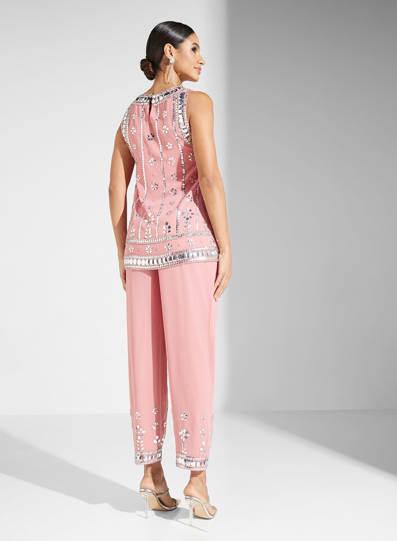 Embellished Kurta Top And Trouser Set