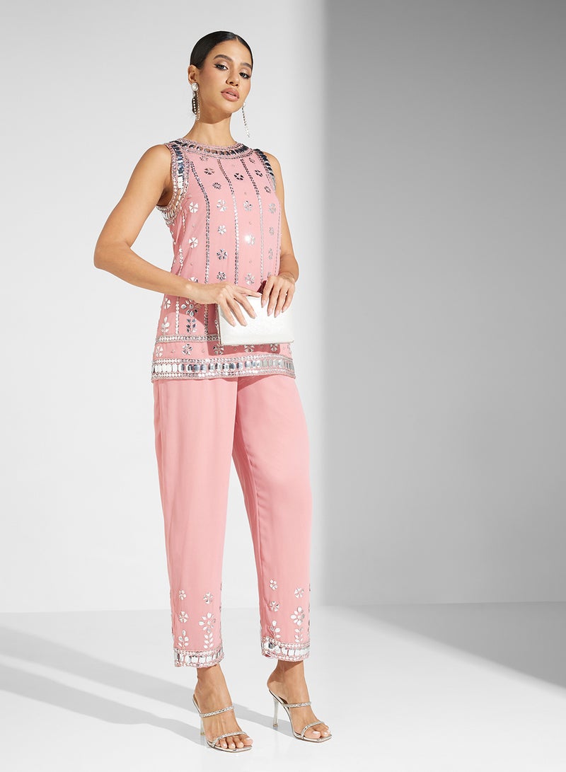 Embellished Kurta Top And Trouser Set