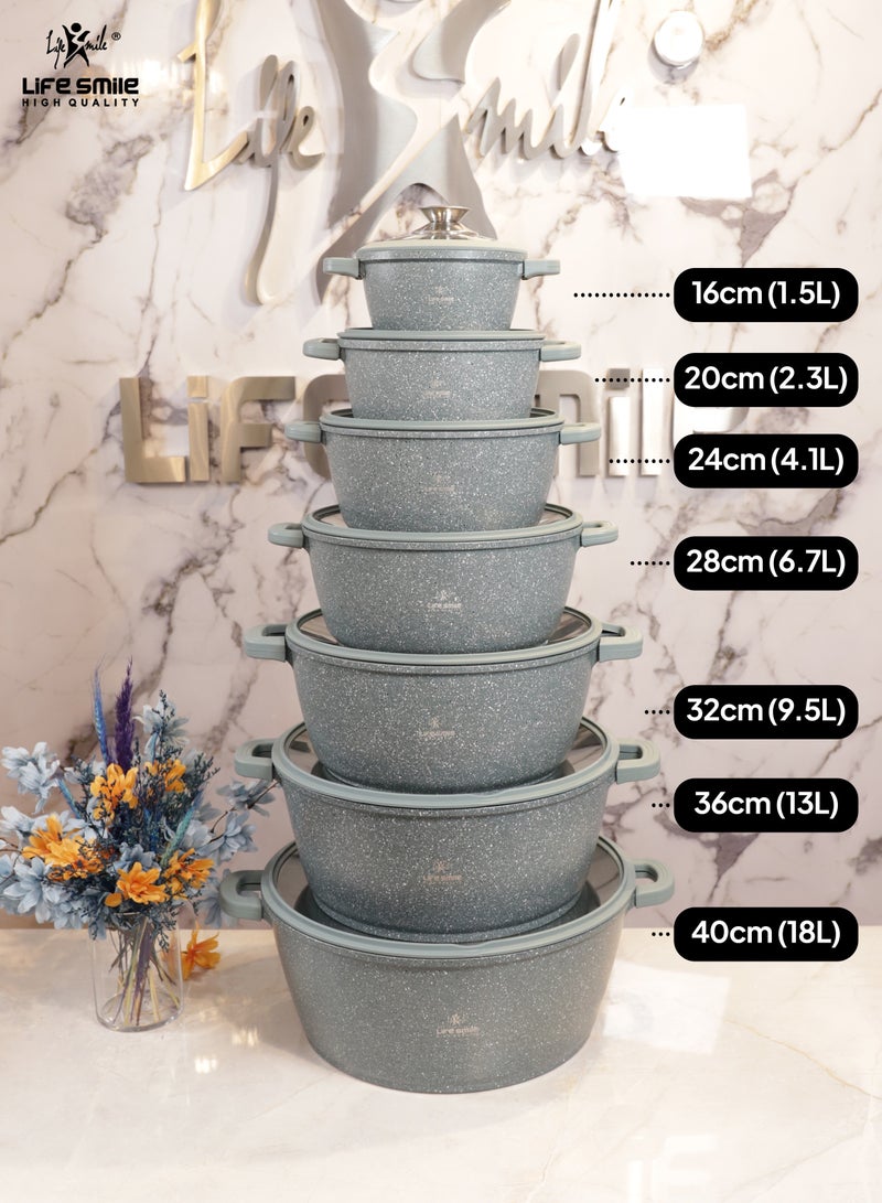 28cm (6.9 Liter) LIFE SMILE Cooking Pot - Multi Layer Non Stick Granite Coating 100% PFOA Free - Glass Lid With Silicone Rim - Detachable Silicone Handles - oven safe (Green)