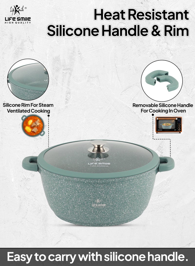 28cm (6.9 Liter) LIFE SMILE Cooking Pot - Multi Layer Non Stick Granite Coating 100% PFOA Free - Glass Lid With Silicone Rim - Detachable Silicone Handles - oven safe (Green)