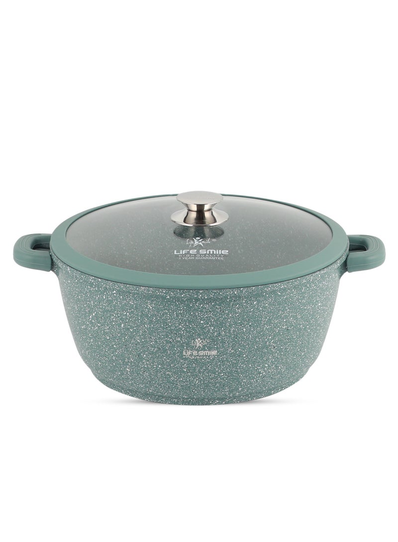 28cm (6.9 Liter) LIFE SMILE Cooking Pot - Multi Layer Non Stick Granite Coating 100% PFOA Free - Glass Lid With Silicone Rim - Detachable Silicone Handles - oven safe (Green)