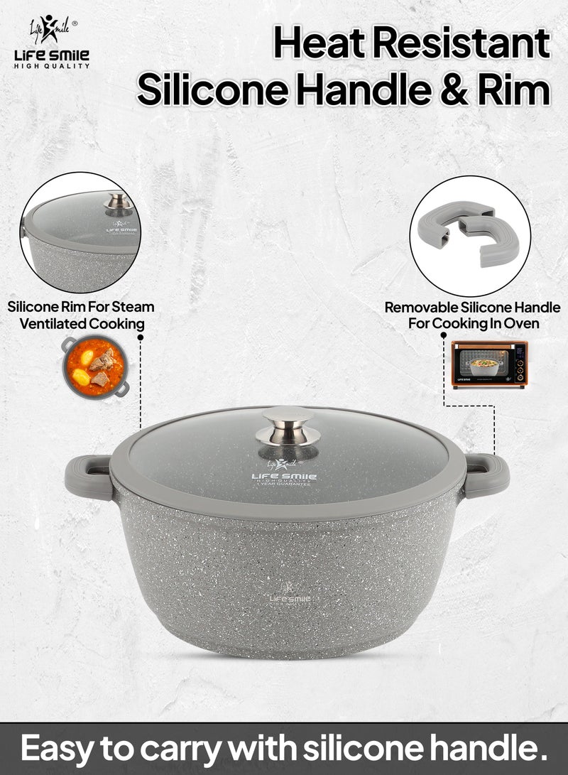 32cm (9.5 Liter)  Cooking Pot - Multi Layer Non Stick Granite Stock Pot 100% PFOA Free - Soup Pot with Glass Lid With Silicone Rim - Detachable Silicone Handles - oven safe (Grey)