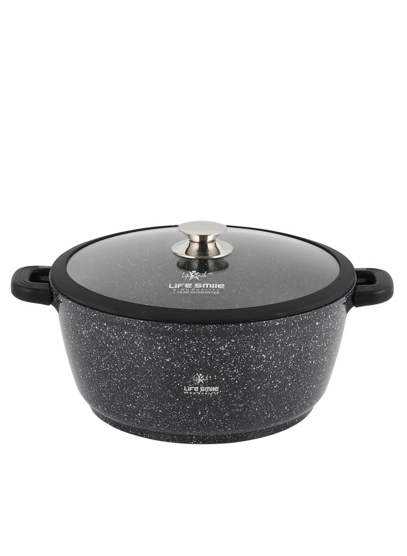 32cm (9.5 Liter) LIFE SMILE Cooking Pot - Multi Layer Non Stick Granite Coating 100% PFOA Free - Glass Lid With Silicone Rim - Detachable Silicone Handles - oven safe (Black)