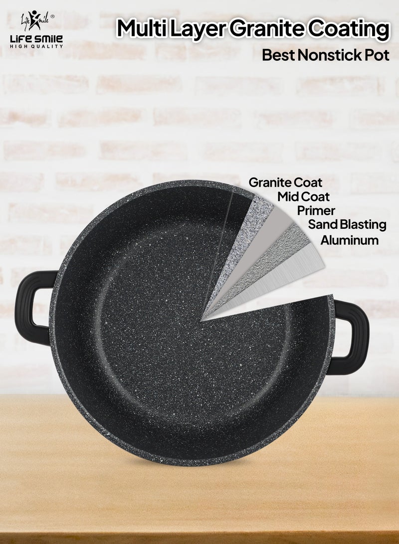 32cm (9.5 Liter) LIFE SMILE Cooking Pot - Multi Layer Non Stick Granite Coating 100% PFOA Free - Glass Lid With Silicone Rim - Detachable Silicone Handles - oven safe (Black)