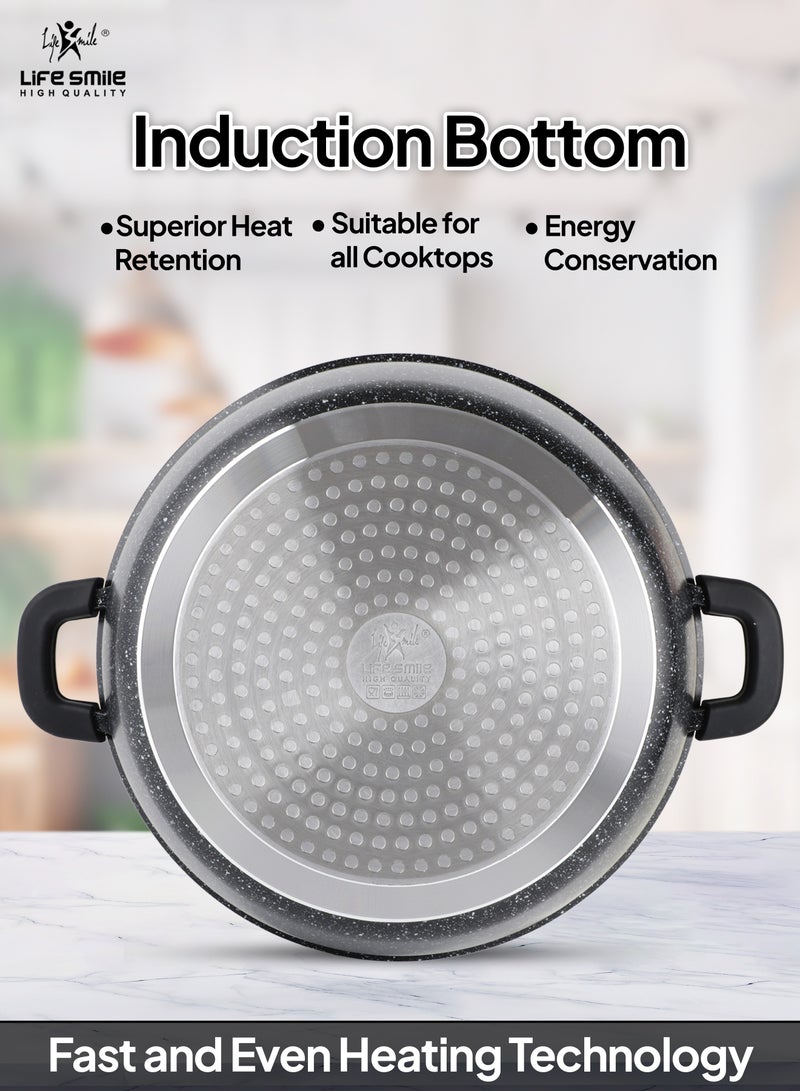 36cm (13 Liter) LIFE SMILE Cooking Pot - Multi Layer Non Stick Granite Coating 100% PFOA Free - Glass Lid With Silicone Rim - Detachable Silicone Handles - oven safe (Black)