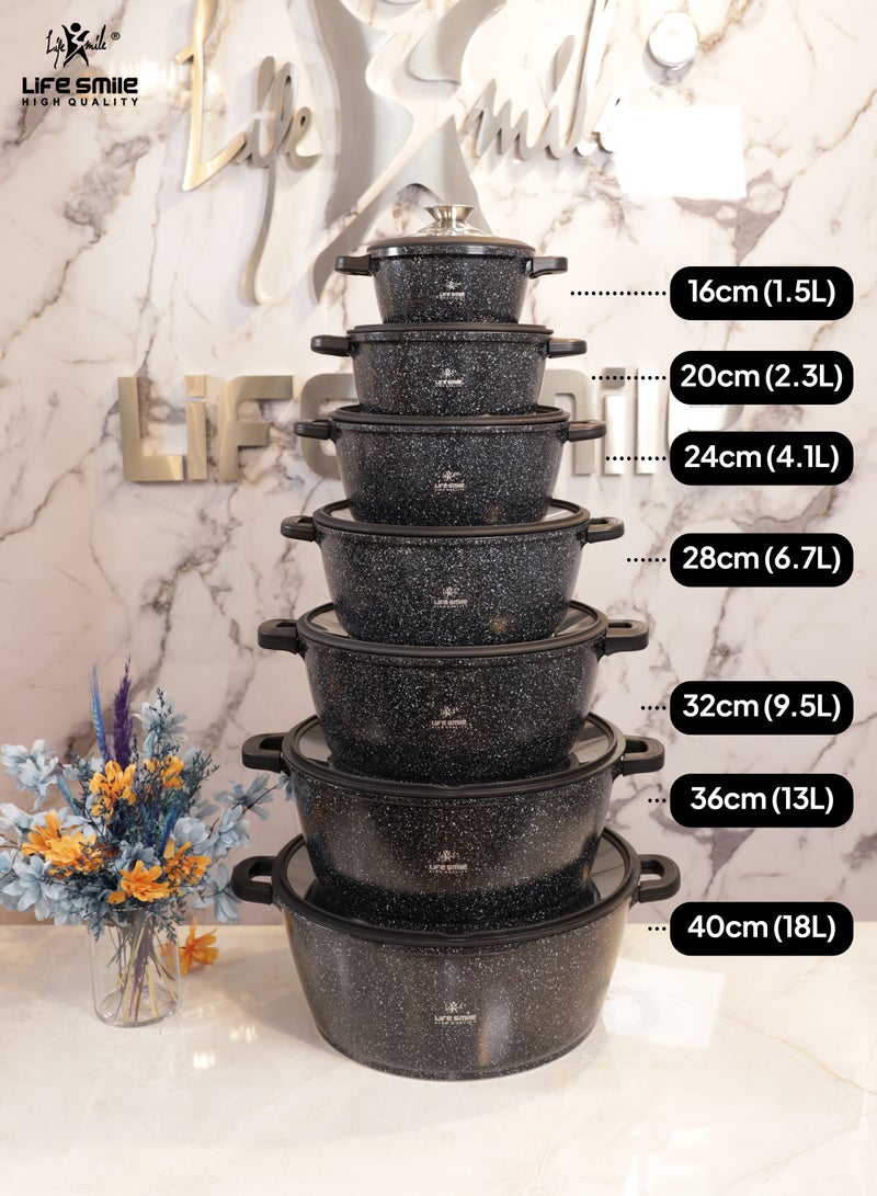 36cm (13 Liter) LIFE SMILE Cooking Pot - Multi Layer Non Stick Granite Coating 100% PFOA Free - Glass Lid With Silicone Rim - Detachable Silicone Handles - oven safe (Black)