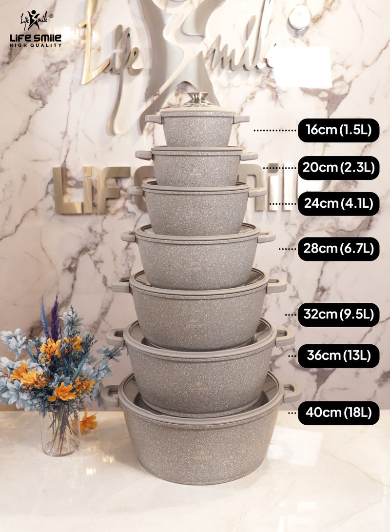 36cm (13 Liters) Cooking Pot - Multi Layer Non Stick Granite Stock Pot 100% PFOA Free - Soup Pot with Glass Lid With Silicone Rim - Detachable Silicone Handles - oven safe (Grey)