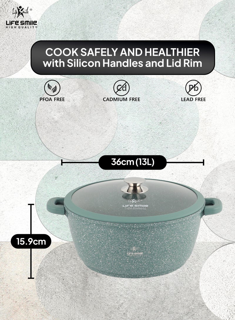 36cm (13 Liter) LIFE SMILE Cooking Pot - Multi Layer Non Stick Granite Coating 100% PFOA Free - Glass Lid With Silicone Rim - Detachable Silicone Handles - oven safe (Green)