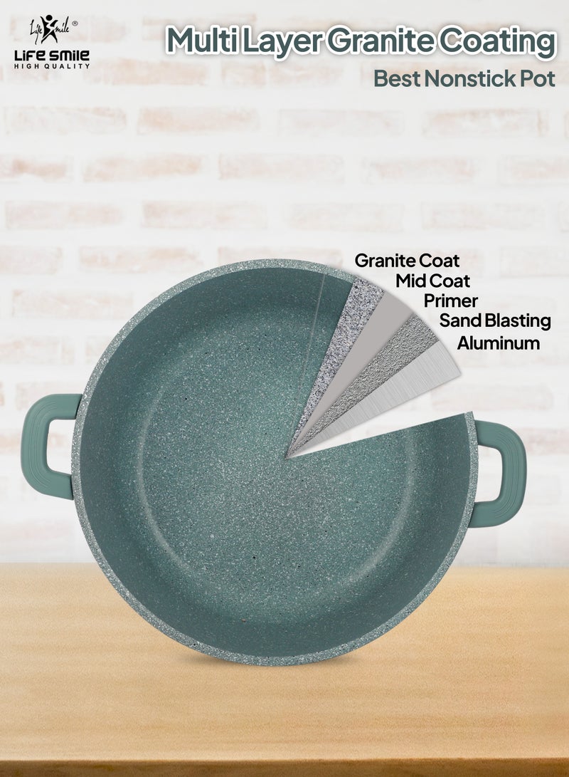 40cm (18 Liters) LIFE SMILE Cooking Pot - Multi Layer Non Stick Granite Coating 100% PFOA Free - Glass Lid With Silicone Rim - Detachable Silicone Handles - oven safe (Green)