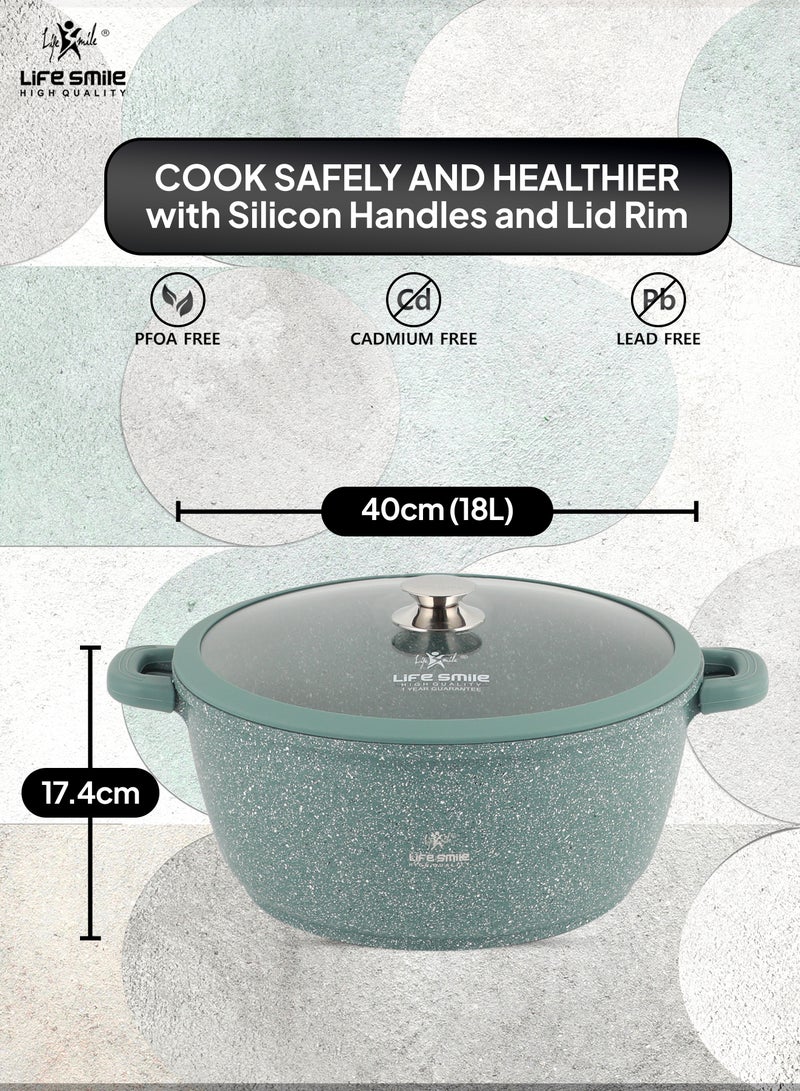 40cm (18 Liters) LIFE SMILE Cooking Pot - Multi Layer Non Stick Granite Coating 100% PFOA Free - Glass Lid With Silicone Rim - Detachable Silicone Handles - oven safe (Green)