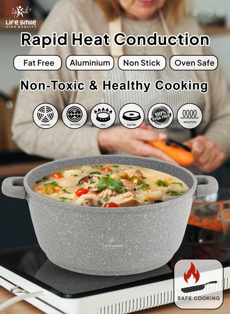 40cm (18 Liter)  Cooking Pot - Multi Layer Non Stick Granite Stock Pot 100% PFOA Free - Soup Pot with Glass Lid With Silicone Rim - Detachable Silicone Handles - oven safe (Grey)