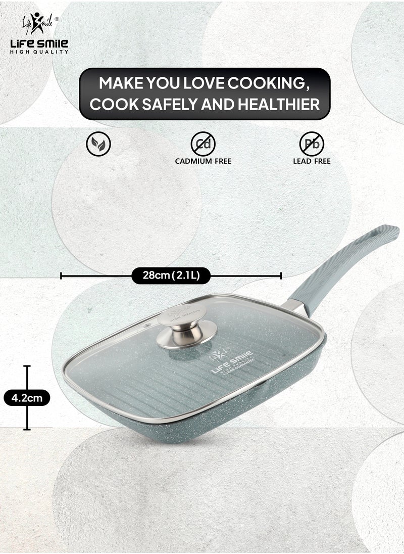 28cm (2.1 Liter) LIFE SMILE grill pan Non-stick Granite Coating with lid | Oven Safe | versatile grilling pan with drop opening, Skillet large surface,100% PFOA free