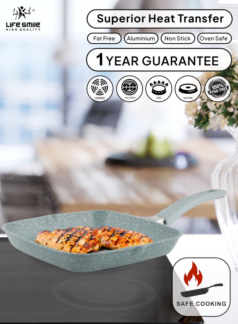 28cm (2.1 Liter) LIFE SMILE grill pan Non-stick Granite Coating with lid | Oven Safe | versatile grilling pan with drop opening, Skillet large surface,100% PFOA free