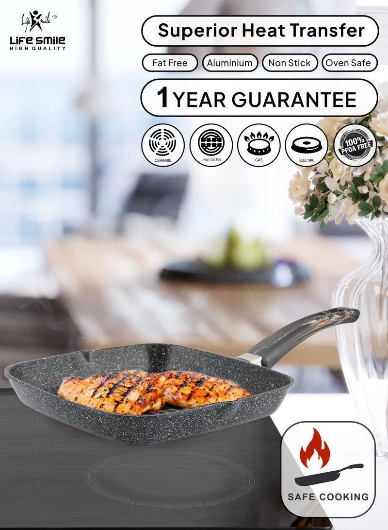 28cm (2.1 Liter) LIFE SMILE grill pan Non-stick Granite Coating with lid | Oven Safe | versatile grilling pan with drop opening, Skillet large surface,100% PFOA free