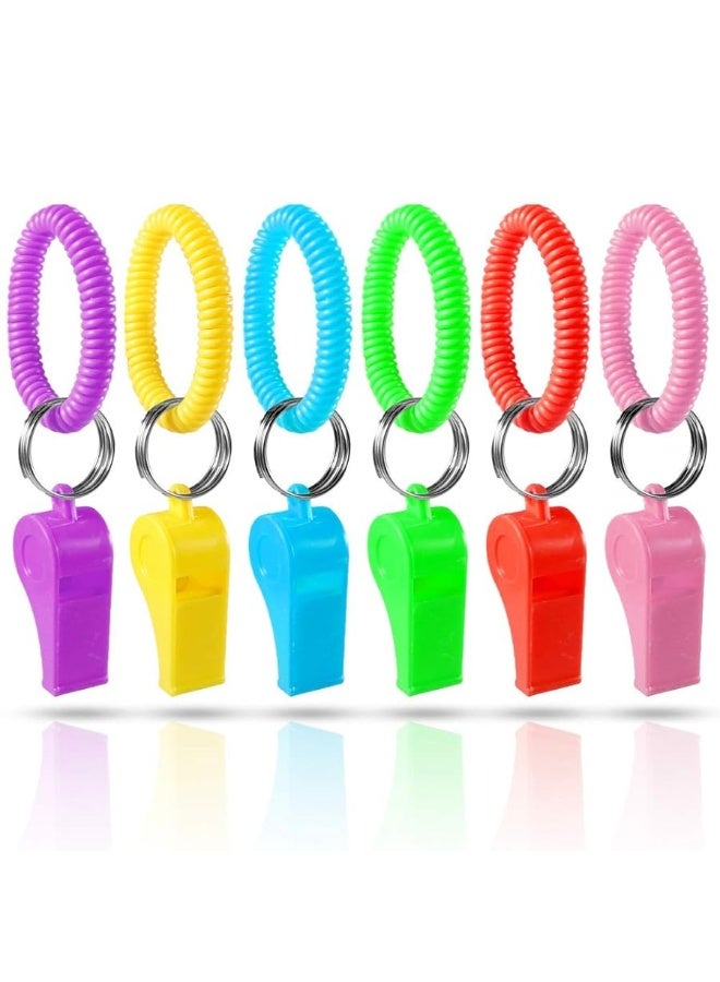 PRLOSO 24 Pieces Whistle Bracelets with Keychain for Kids Party Favors Noisemaker Plastic Sports Party Whistle Toys Bulk