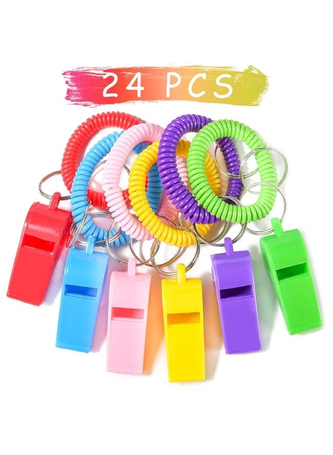 PRLOSO 24 Pieces Whistle Bracelets with Keychain for Kids Party Favors Noisemaker Plastic Sports Party Whistle Toys Bulk