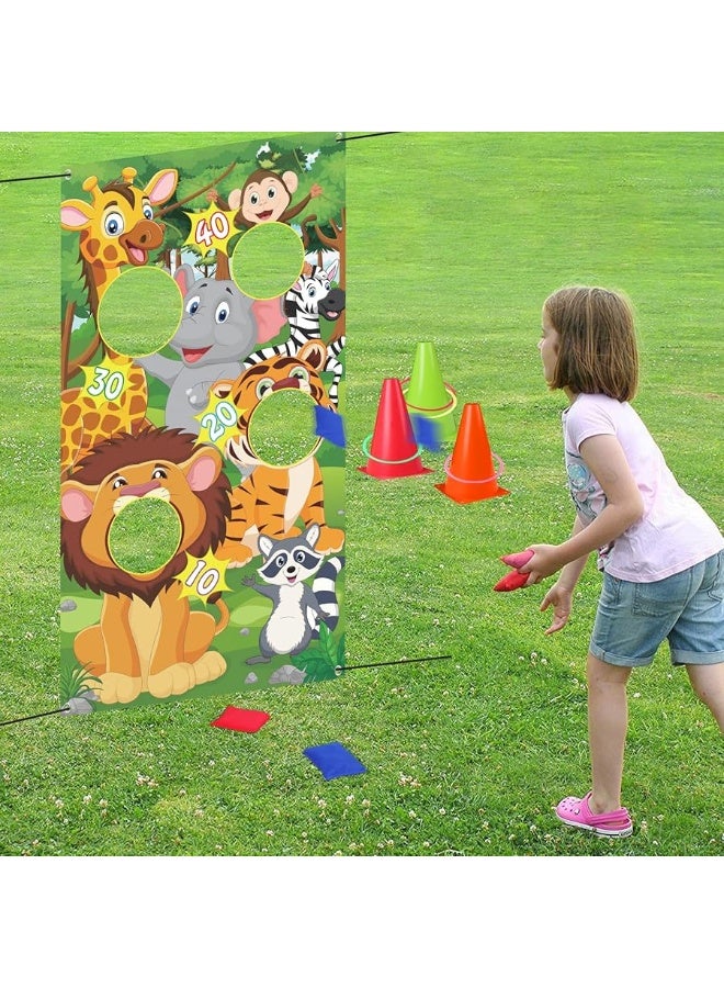 4 in 1 Carnival Outdoor Games Set, Animal Cornhole Bean Bags Ring Toss Game for Kids Adults Birthday Party, Wild Animals Party, Backyard Games, Field Day Game, Yard Lawn Game