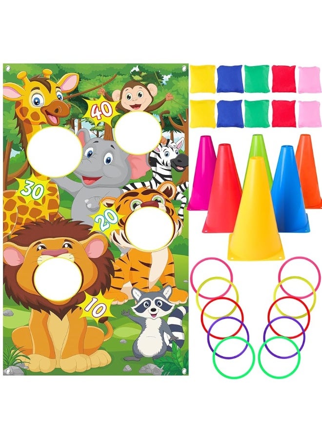 4 in 1 Carnival Outdoor Games Set, Animal Cornhole Bean Bags Ring Toss Game for Kids Adults Birthday Party, Wild Animals Party, Backyard Games, Field Day Game, Yard Lawn Game