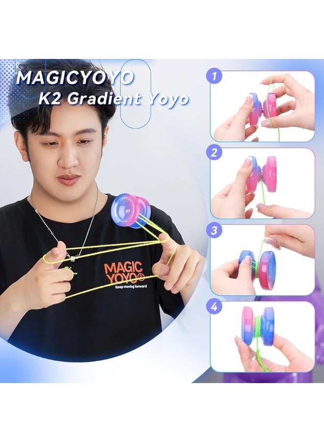 MAGICYOYO K2 Crystal Yoyo for Kids Beginners, Responsive Yoyo with Unresponsive YoYo Bearing for Replacement, Plastic Yoyo Professional with 12 Yoyo Strings, Yo Yo Case, Yo-Yo Accessory Set-Blue Pink