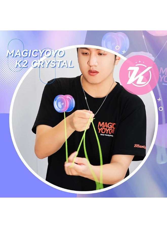 MAGICYOYO K2 Crystal Yoyo for Kids Beginners, Responsive Yoyo with Unresponsive YoYo Bearing for Replacement, Plastic Yoyo Professional with 12 Yoyo Strings, Yo Yo Case, Yo-Yo Accessory Set-Blue Pink