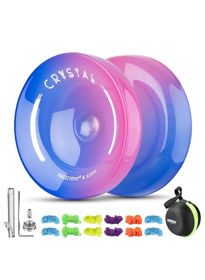 MAGICYOYO K2 Crystal Yoyo for Kids Beginners, Responsive Yoyo with Unresponsive YoYo Bearing for Replacement, Plastic Yoyo Professional with 12 Yoyo Strings, Yo Yo Case, Yo-Yo Accessory Set-Blue Pink