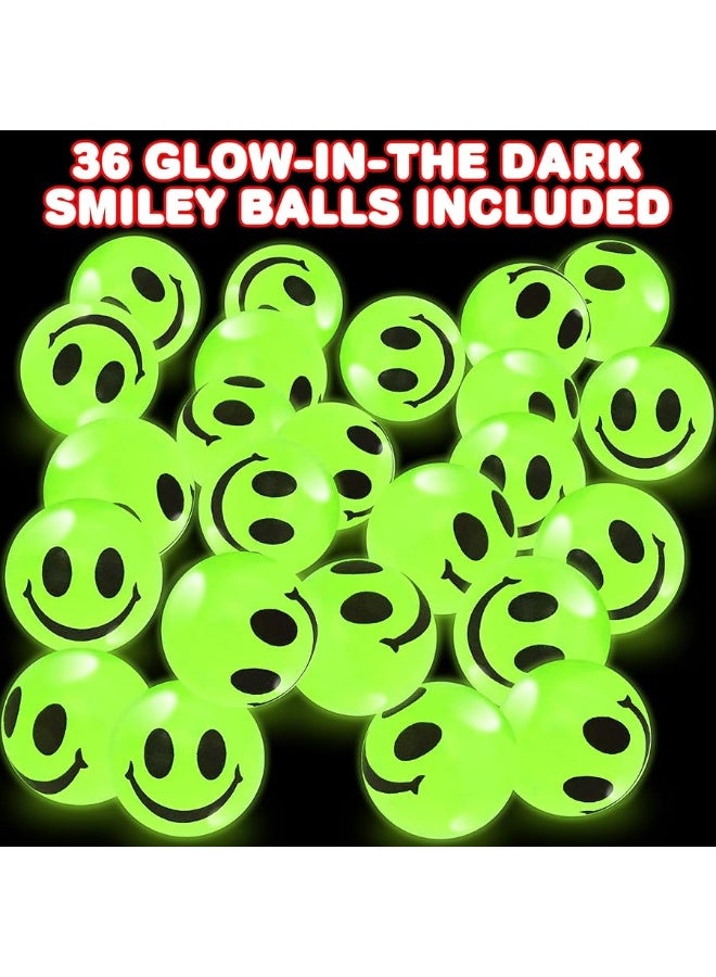 ArtCreativity Glow in The Dark Smile Face Bouncy Balls - Bulk Pack of 36, 1 Inch High Bounce Balls for Kids, Christmas Party Favors, Goodie Bag Stuffers for Boys and Girls