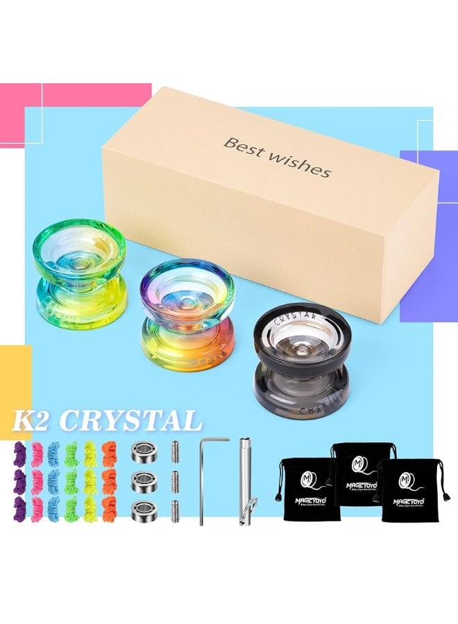 MAGICYOYO Pack of 3 Yoyo K2 Crystal, Professional Responsive Yoyo for Kids Beginner,Dual Purpose Yoyos with Replacement Unresponsive Yoyo Bearings for Advanced Player+18 Strings+Bearing Removal+3 Bags