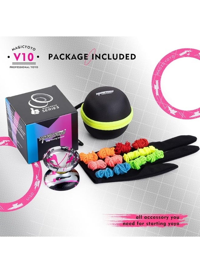 MAGICYOYO V10 Professional Unresponsive Yoyo for Kids& Adults, Pro Finger Spin & Combo Tricks Yo Yo, Magic Yoyo V10 Unresponsive Yo-yo Metal with 12 Yo-yos String+ Bag+ Glove, Black& Silver& Pink