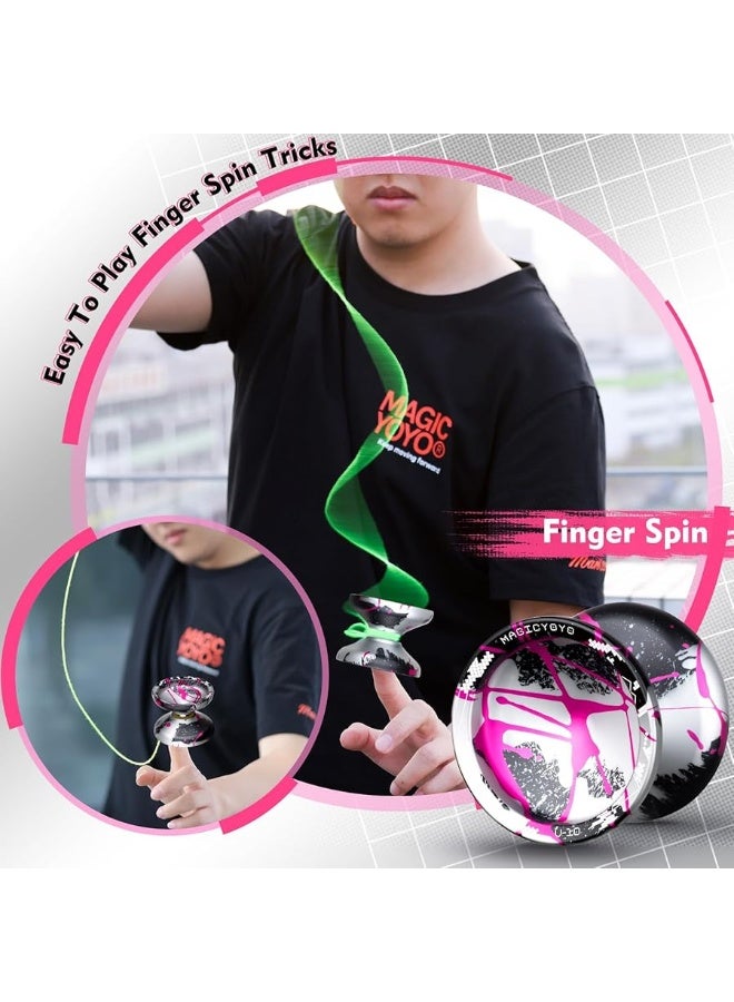 MAGICYOYO V10 Professional Unresponsive Yoyo for Kids& Adults, Pro Finger Spin & Combo Tricks Yo Yo, Magic Yoyo V10 Unresponsive Yo-yo Metal with 12 Yo-yos String+ Bag+ Glove, Black& Silver& Pink