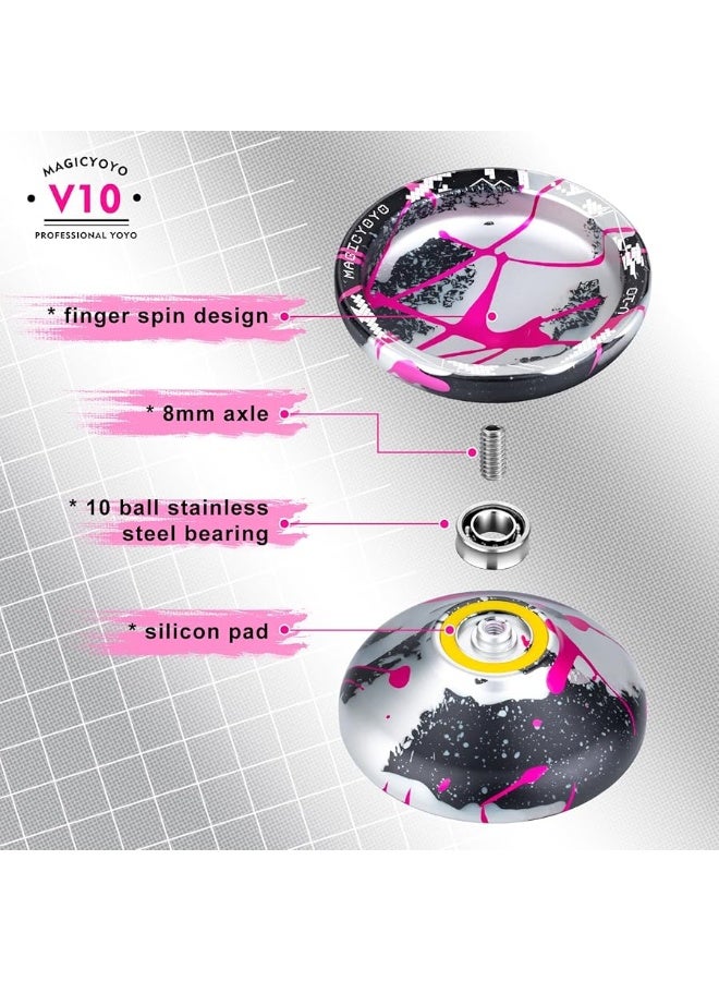 MAGICYOYO V10 Professional Unresponsive Yoyo for Kids& Adults, Pro Finger Spin & Combo Tricks Yo Yo, Magic Yoyo V10 Unresponsive Yo-yo Metal with 12 Yo-yos String+ Bag+ Glove, Black& Silver& Pink